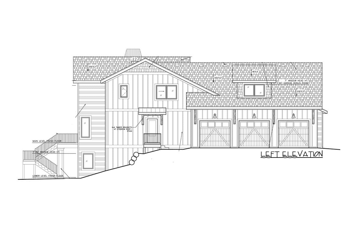 Left elevation house plan showing a multi-story structure with vertical siding, multiple gables, and a three-car garage.