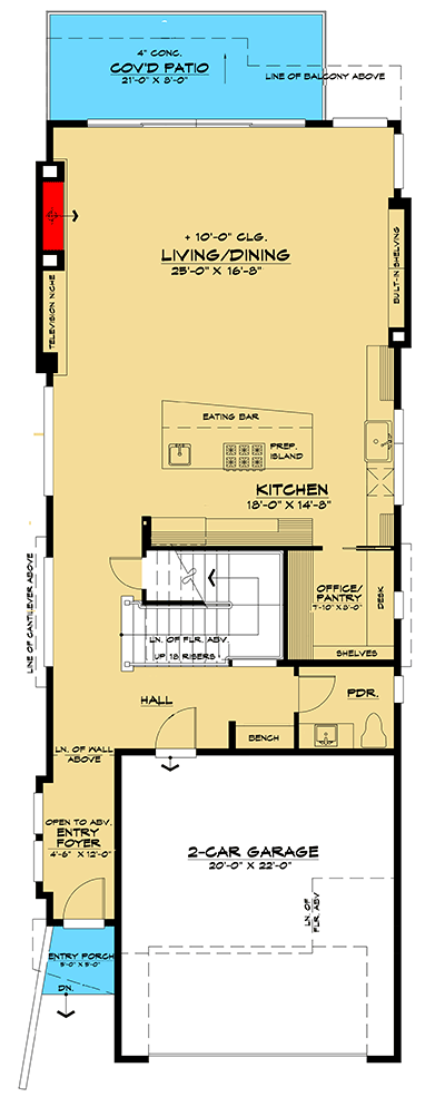 Plan 666115RAF: Narrow Contemporary Home Plan with Front and Back Balconies - Floor Plan - Main Level - Contemporary, Modern, Northwest, Prairie
