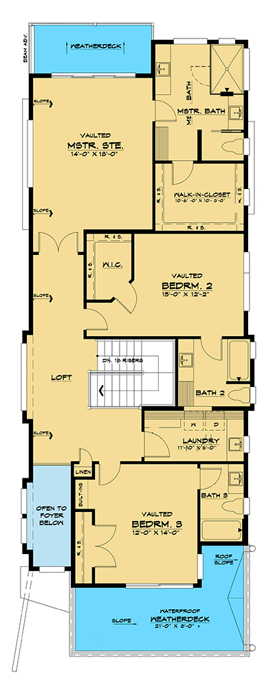 Plan 666115RAF: Narrow Contemporary Home Plan with Front and Back Balconies - Floor Plan - 2nd Floor - Contemporary, Modern, Northwest, Prairie