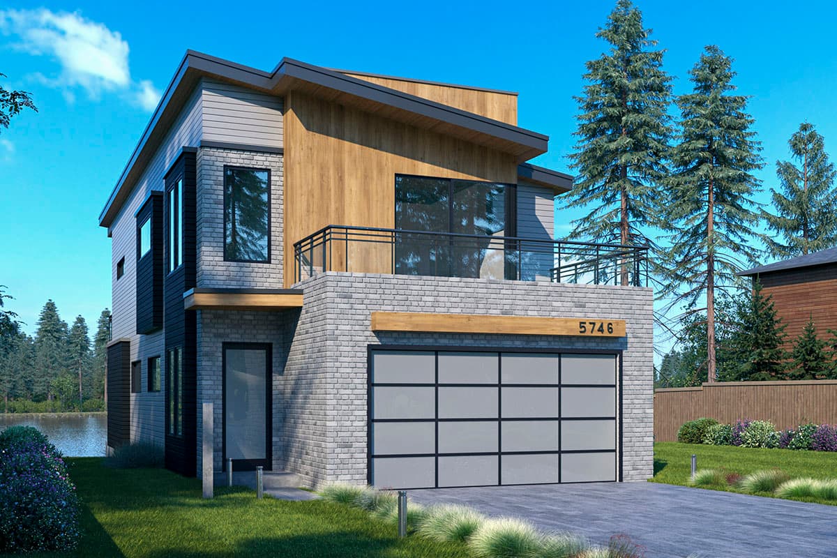 House plan exterior. Two-story modern house with a flat roof, wood siding, and brick facade. Features include a balcony and a two-car garage.