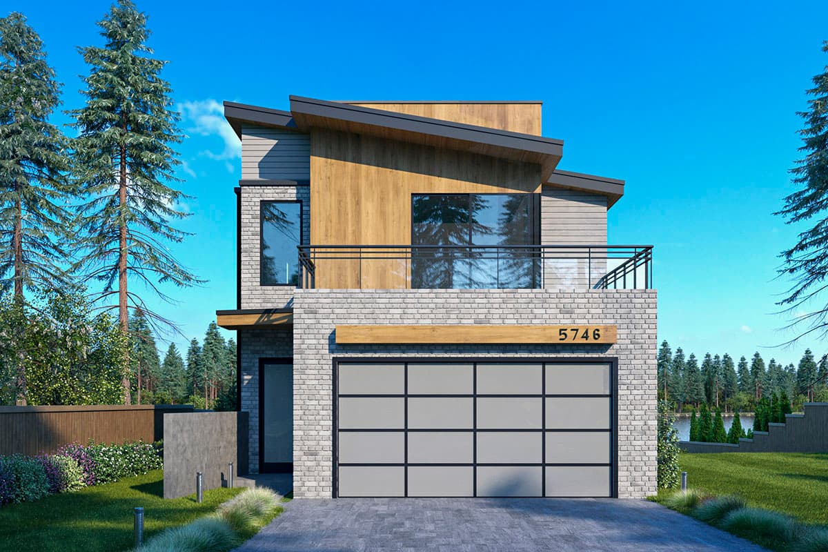 Modern two-story house plan exterior with angled rooflines, wood siding, brick facade, and large garage door.
