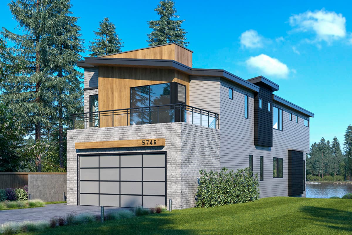 Modern house plan exterior, two stories, with a detached garage, wood siding, brick base, and balcony.