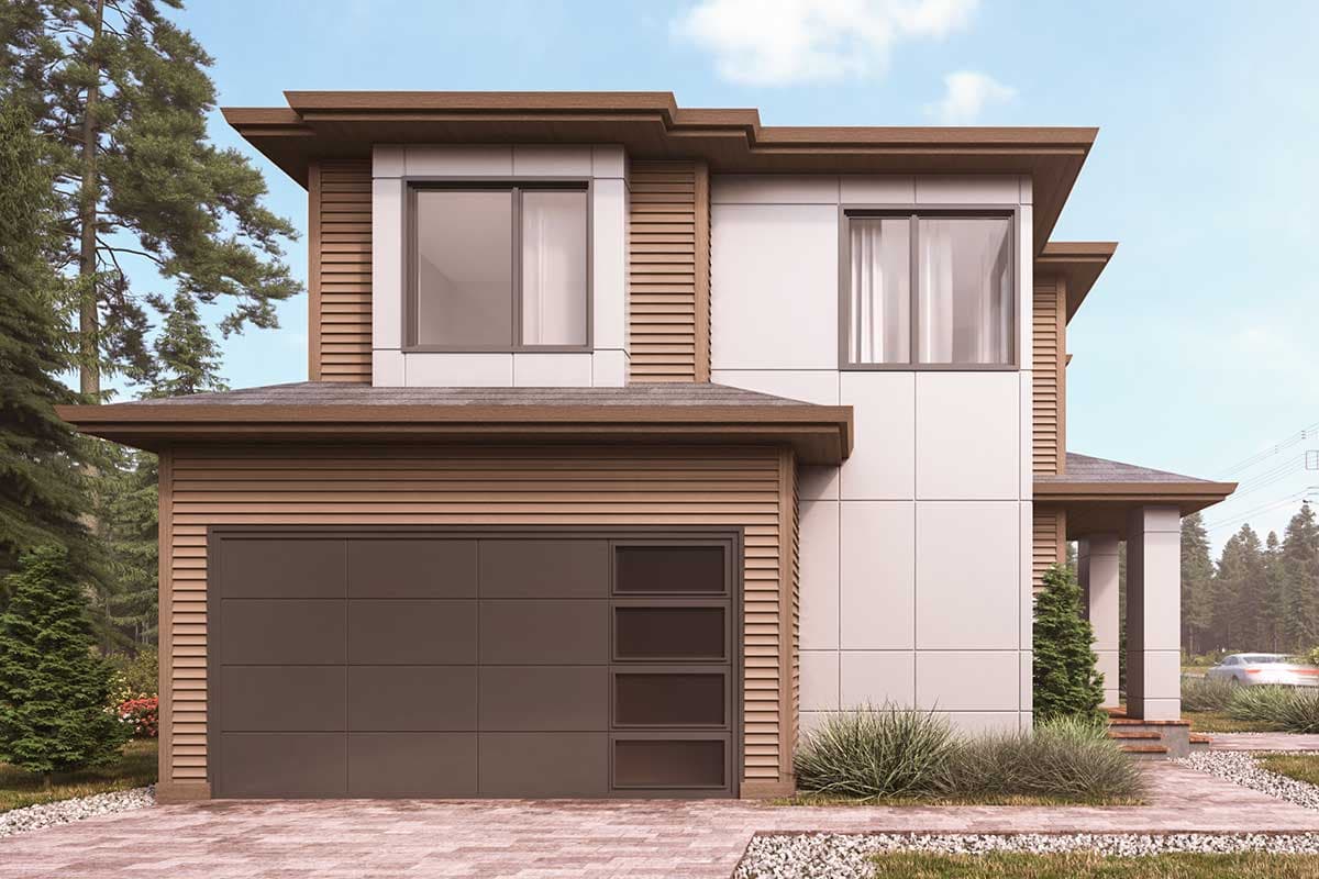 House plan exterior. Two-story modern style with flat roof and horizontal siding. Features include attached garage, and cantilevered roof details.
