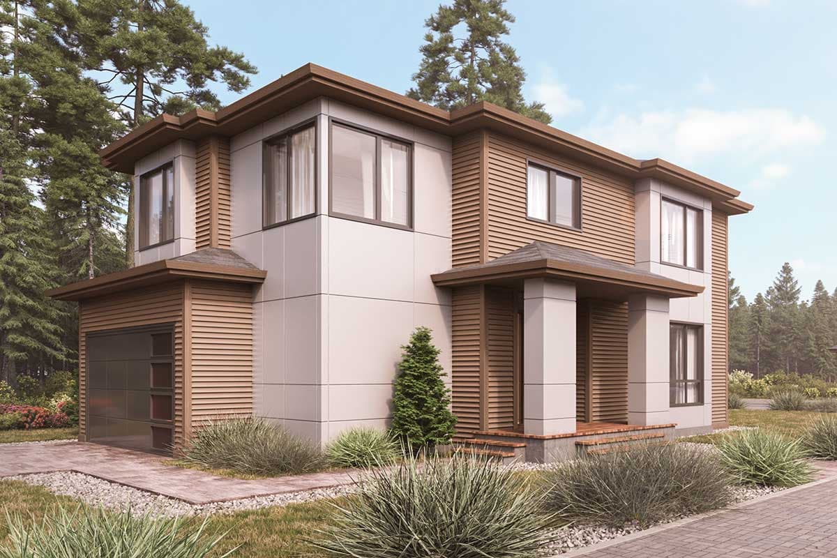 Two-story Modern Farmhouse plan with horizontal siding, flat rooflines, and a side-entry garage.