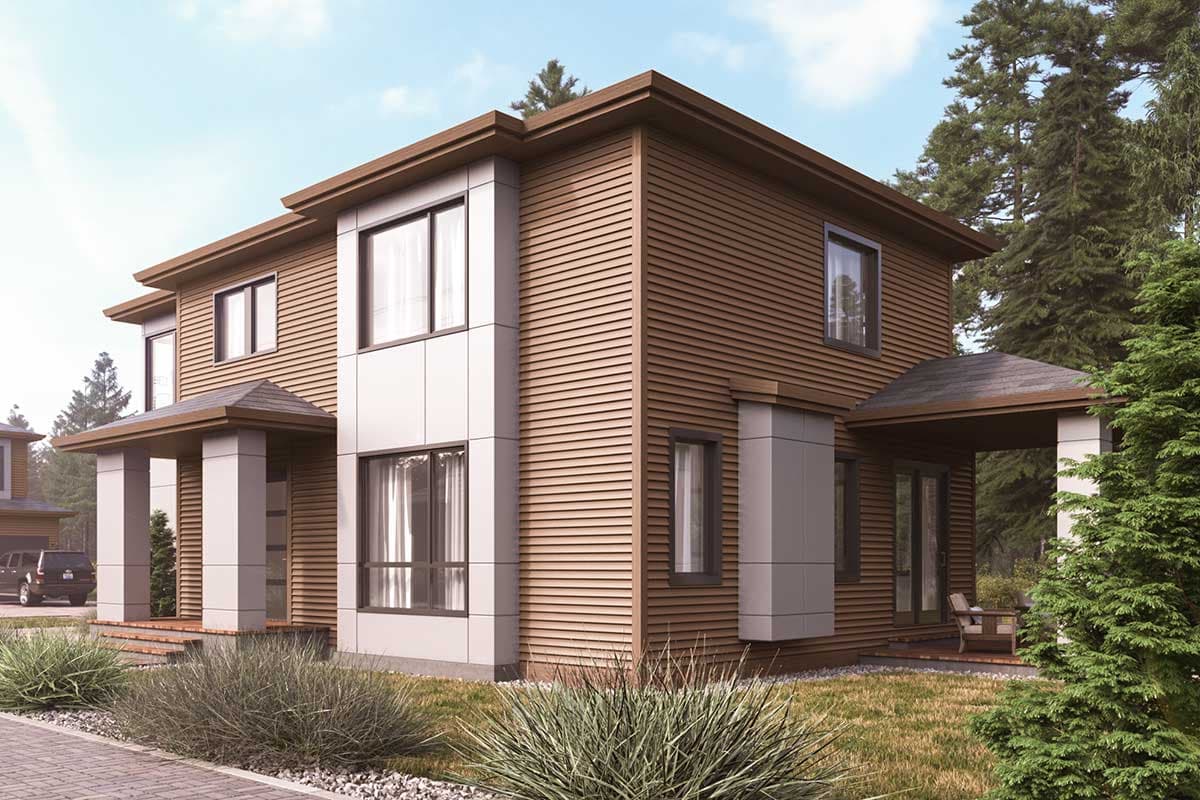 Two-story house plan exterior with horizontal wood siding, white vertical panels, large windows, and a covered entrance with square columns.