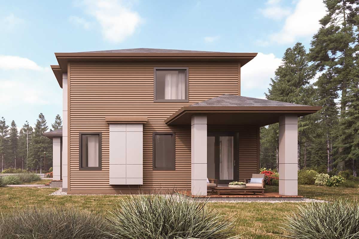 Modern two-story house plan exterior with horizontal siding, a covered porch, and large windows.