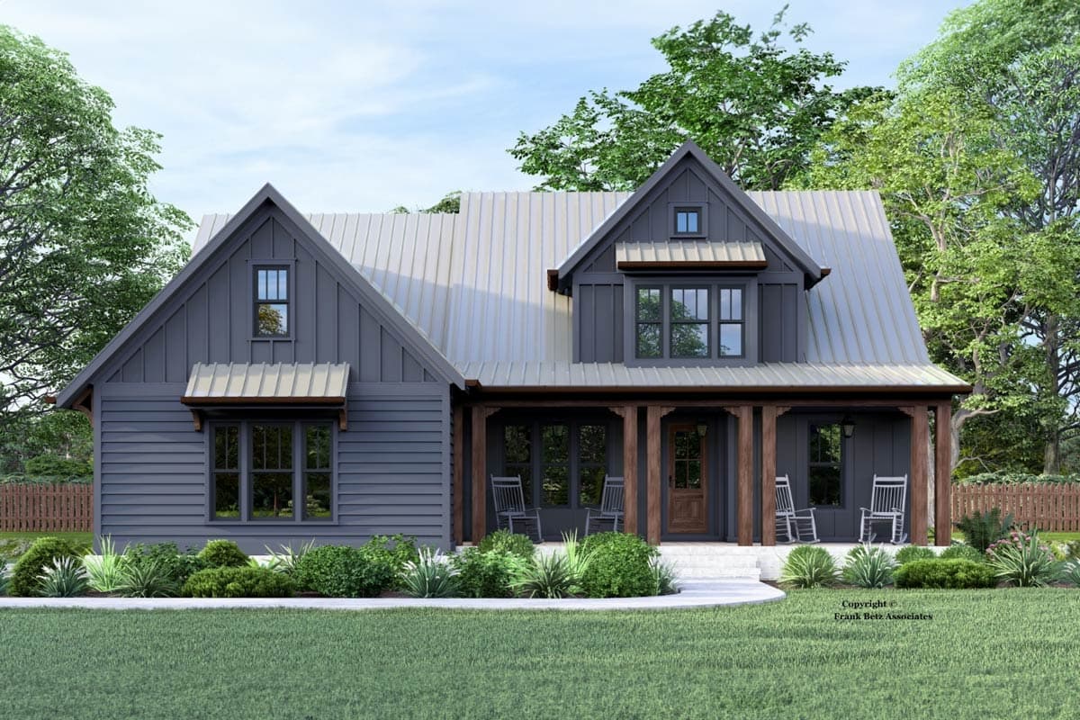House plan exterior featuring a two-story Modern Farmhouse design. Includes a covered porch, gable rooflines, and a metal roof.