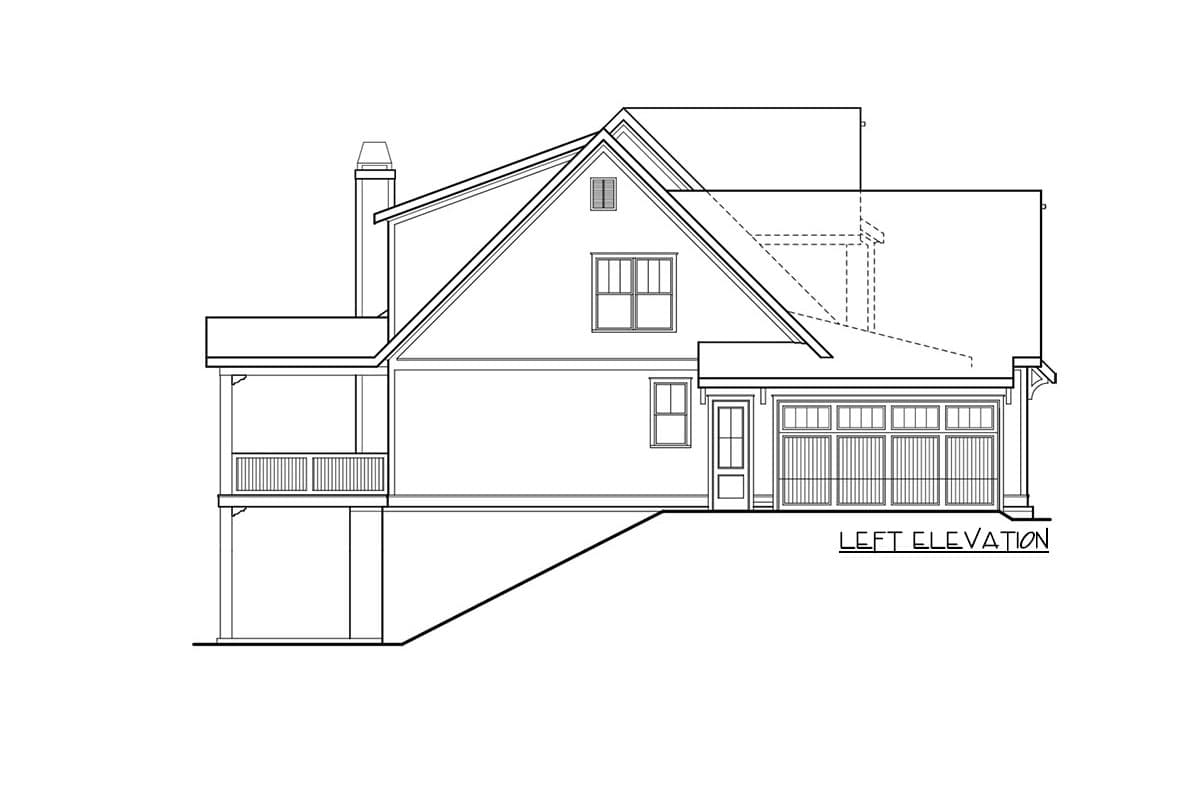 Left elevation house plan with covered porch, dormer window, and multi-panel garage door.