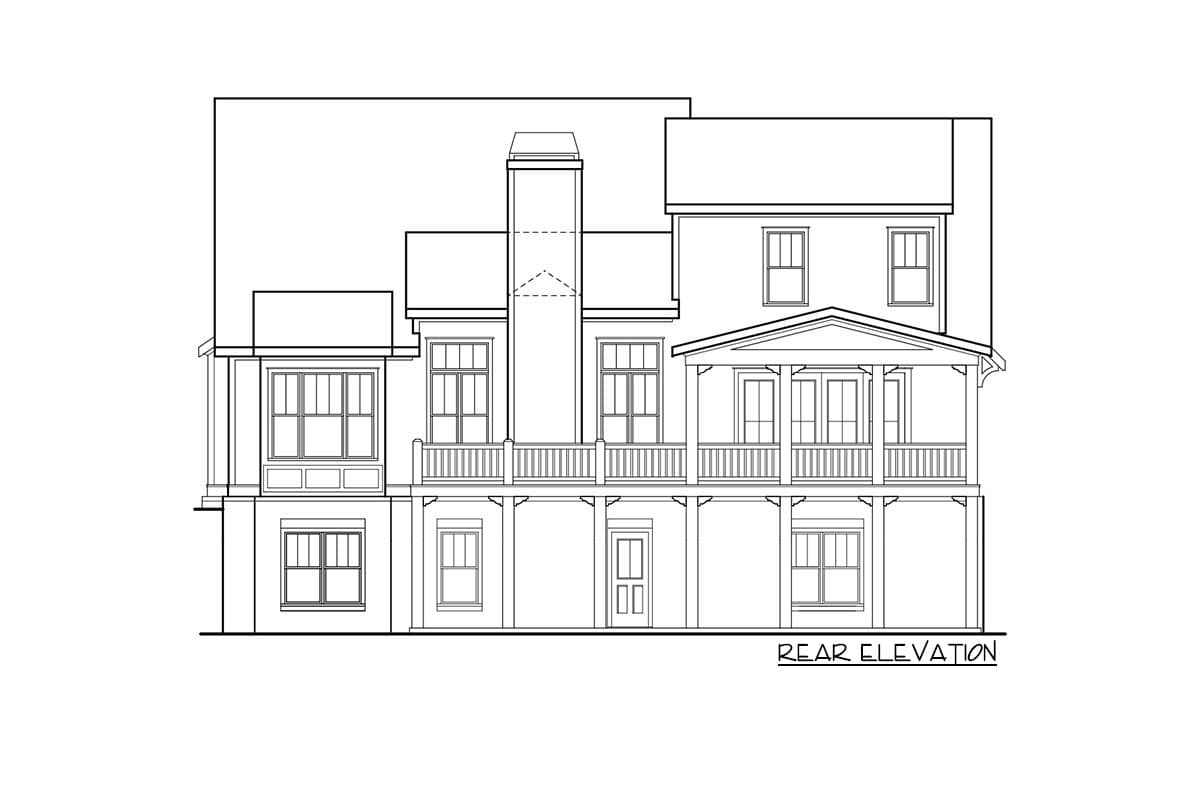 Rear elevation house plan with a two-story main section, covered porch, balcony, and prominent chimney.