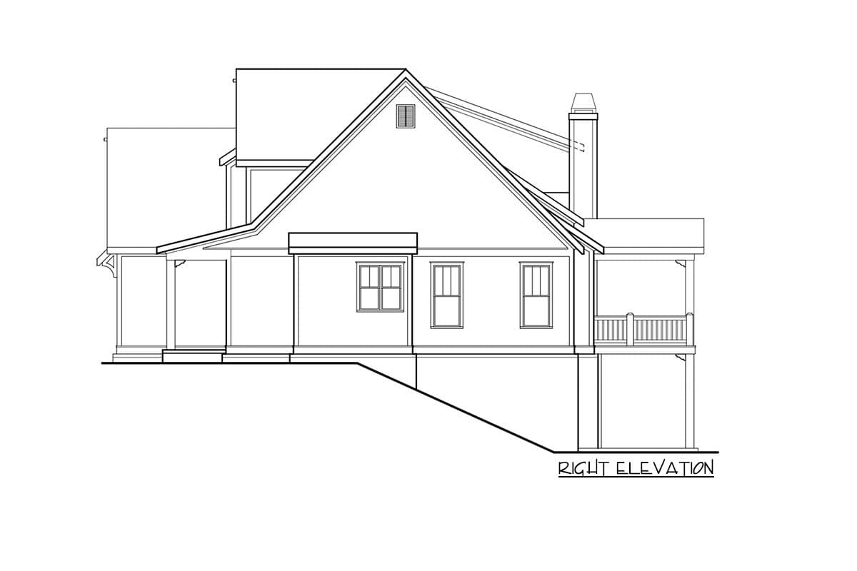 Right elevation house plan with a covered porch, gabled roof, and a prominent chimney.