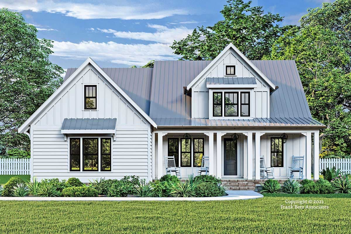 Modern Farmhouse style house plan exterior. Two stories, metal roof, prominent gables, covered porch with columns, and horizontal siding.