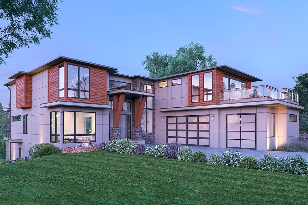 House plan exterior with modern design. Features include flat rooflines, wood accents, large windows, a two-car garage, and a second-story balcony.
