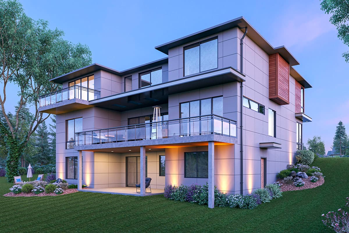 Modern house plan exterior with multiple levels, balconies, and large windows.