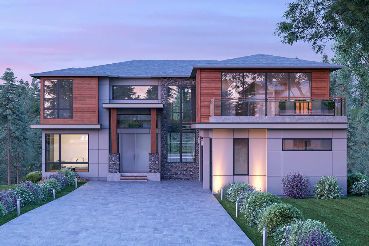 Modern two-story house plan exterior with wood and stone facade, large windows, balcony, and layered rooflines.