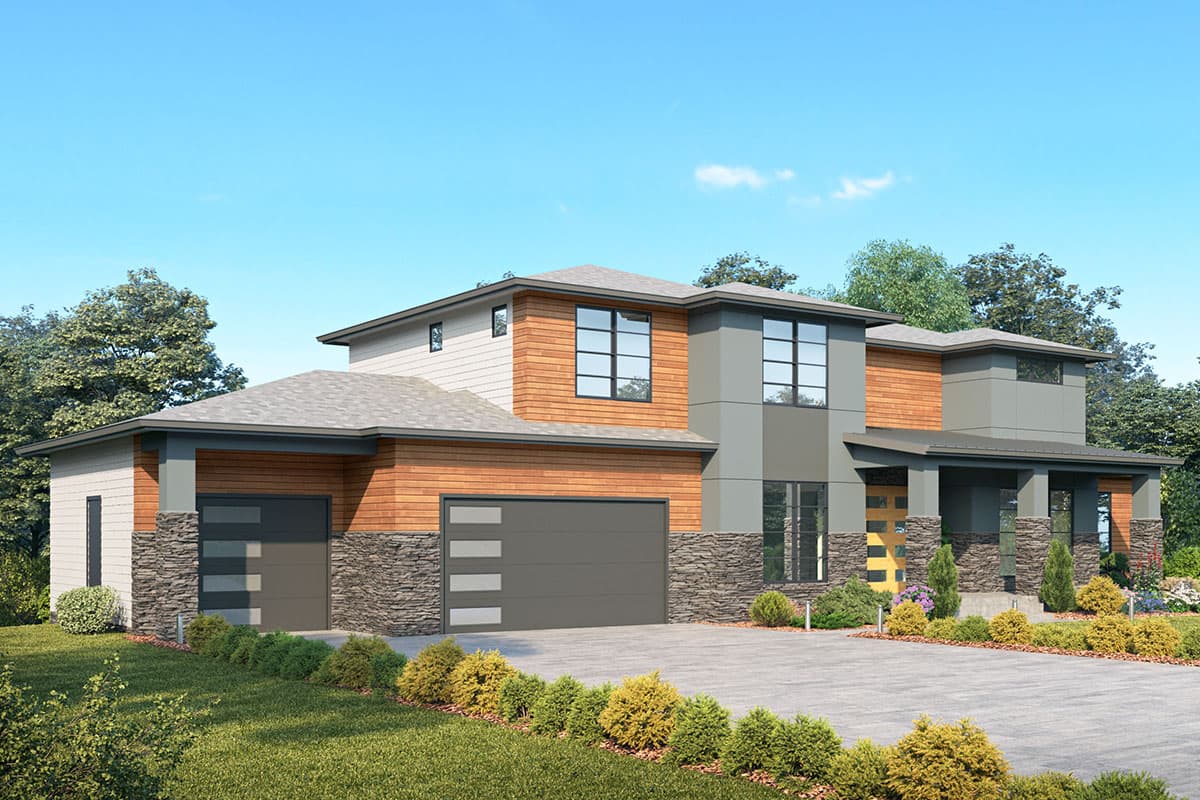 Modern house plan exterior with stacked stone, wood siding, flat roofs, and a two-car garage.
