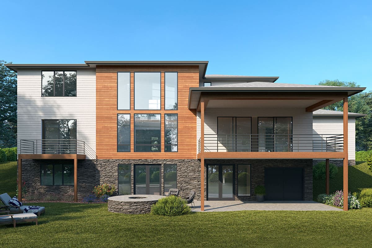House plan exterior: Modern style, two stories, wood siding, stone base, large windows, deck, and garage.