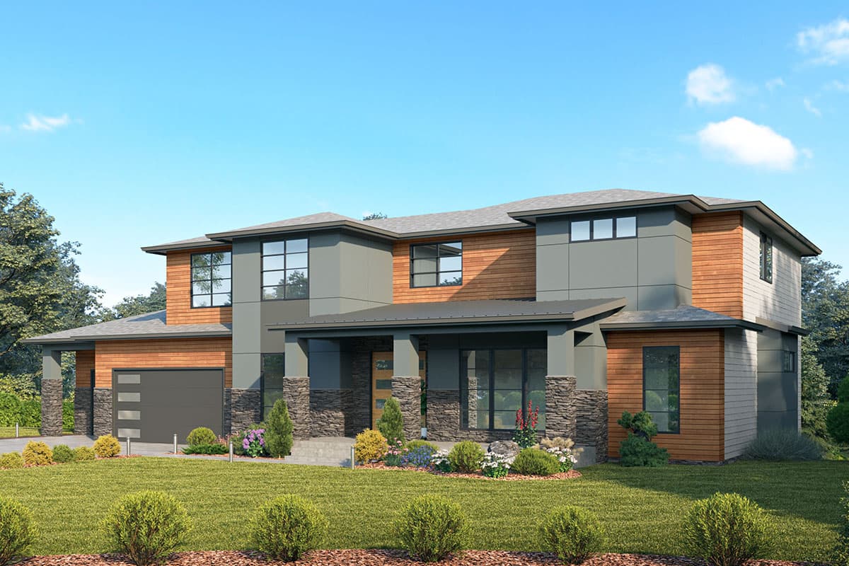 House plan exterior: two-story Modern style with stone accents, wood siding, prominent gables, and attached garage.