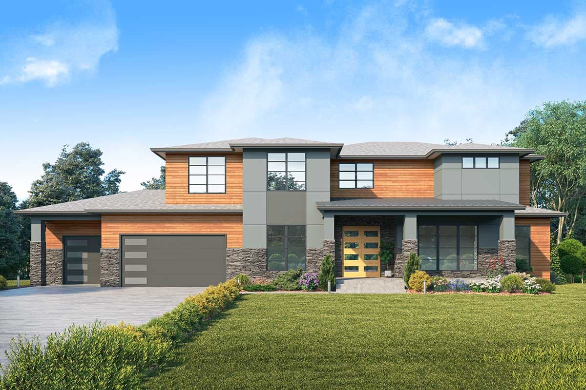 House plan exterior featuring a two-story Modern style with wood siding and stone accents. Includes a covered entry and two garage bays.