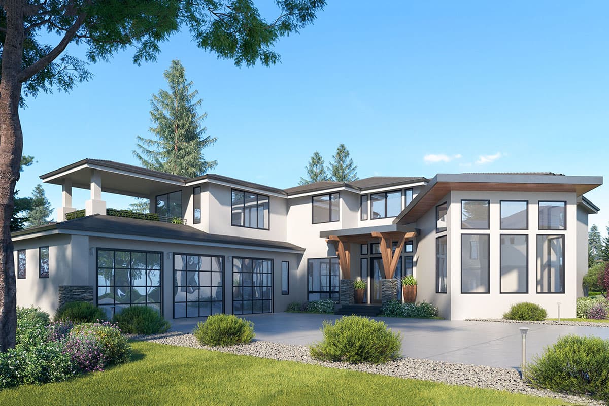 Modern house plan exterior with two stories. Features include a covered entry, flat roof, clerestory windows, and an attached garage.