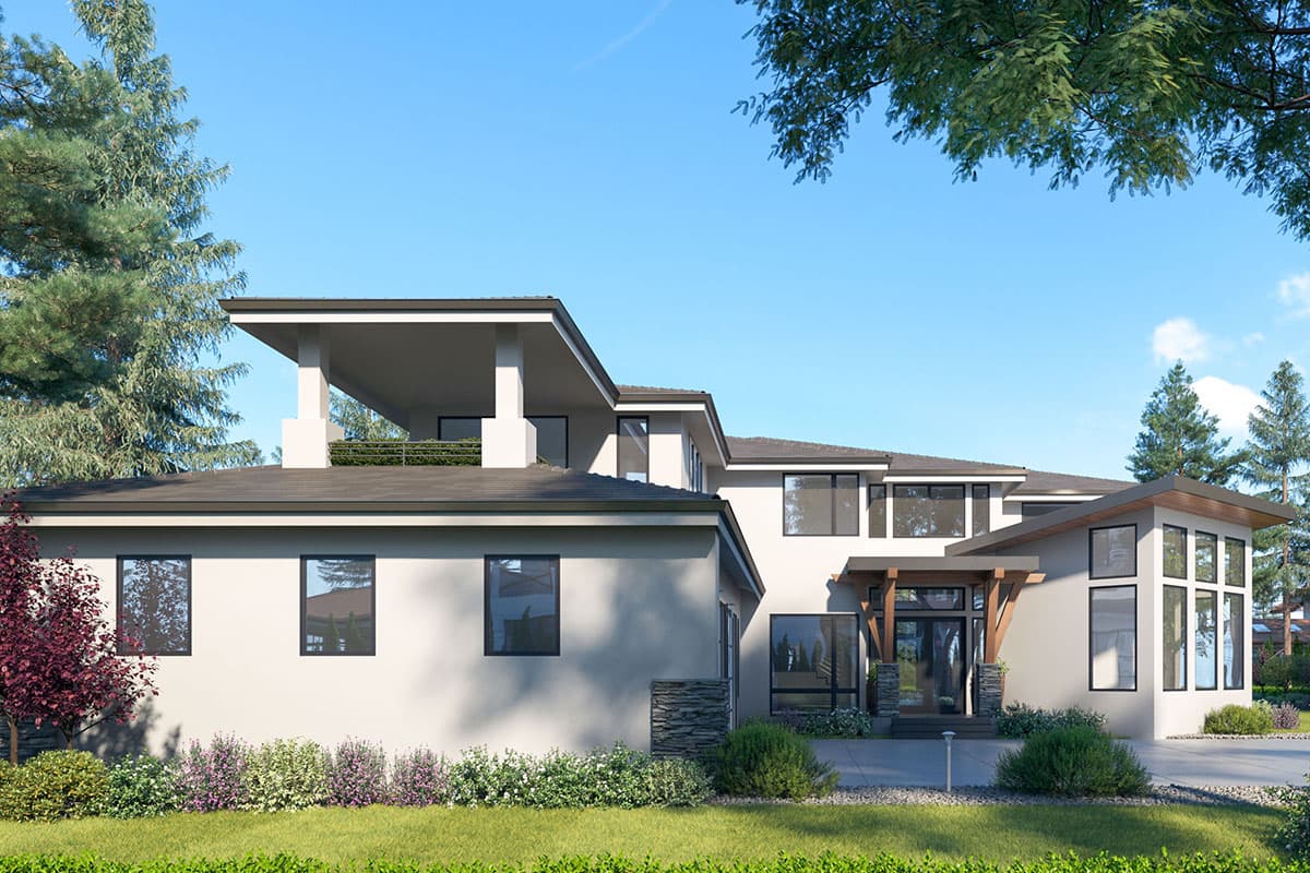 House plan exterior: Modern style, multiple stories, flat rooflines, second-story balcony, large windows.