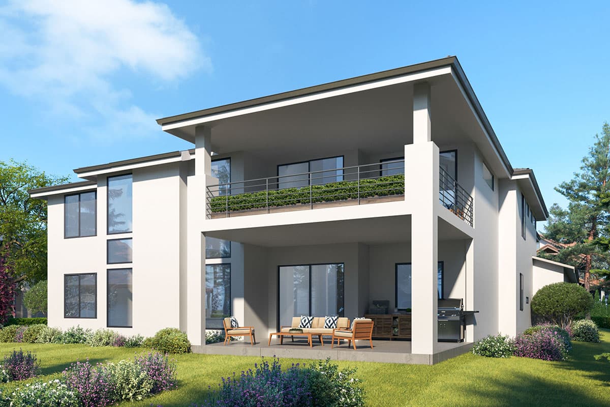 Modern house plan exterior with two stories, large windows, covered patio, and balcony with railing.
