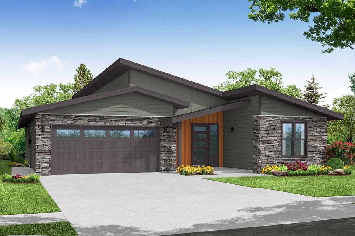 House plan exterior. Modern style, single-story house with a stone veneer facade, asymmetrical roofline, and attached garage with a dark brown door.