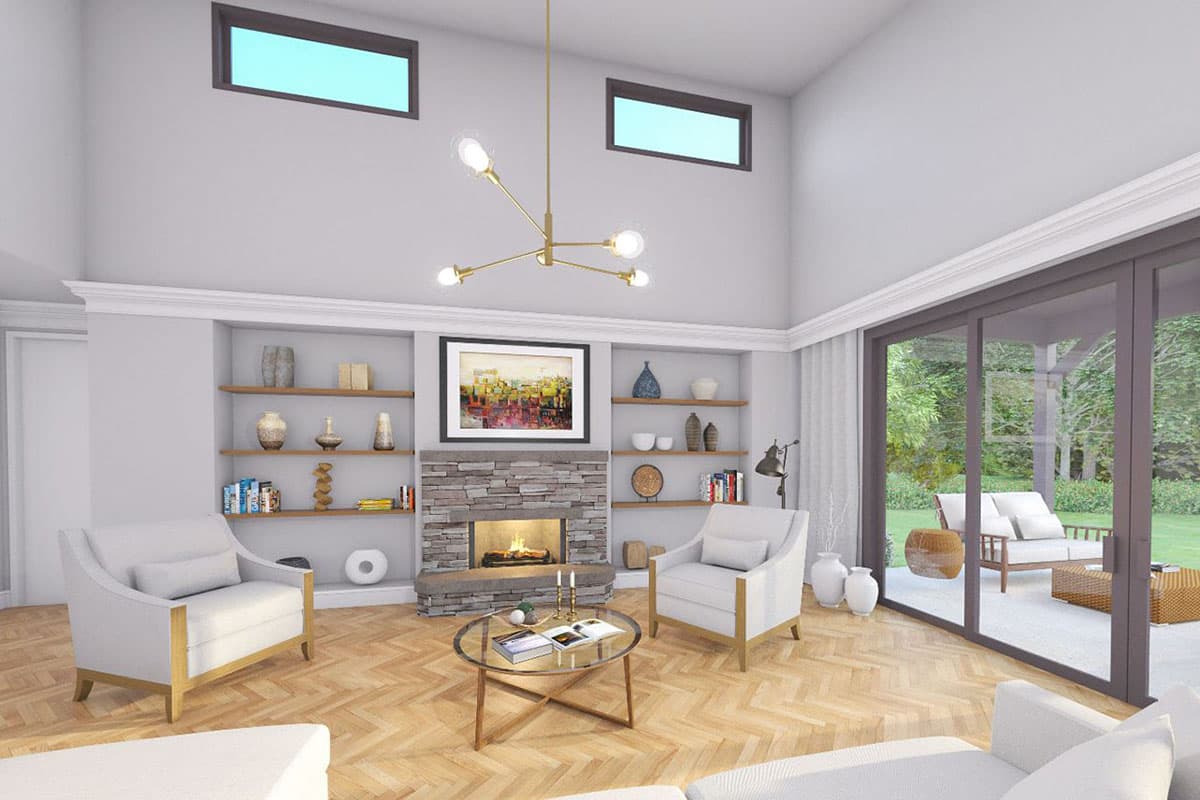 Interior rendering of a living room with a stone fireplace, built-in shelves, vaulted ceiling, and large sliding glass doors.