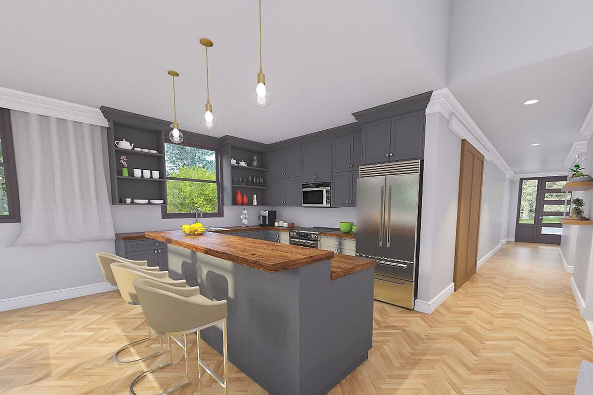 Kitchen interior rendering with gray cabinets, stainless steel refrigerator, island with wooden countertop, and pendant lights.