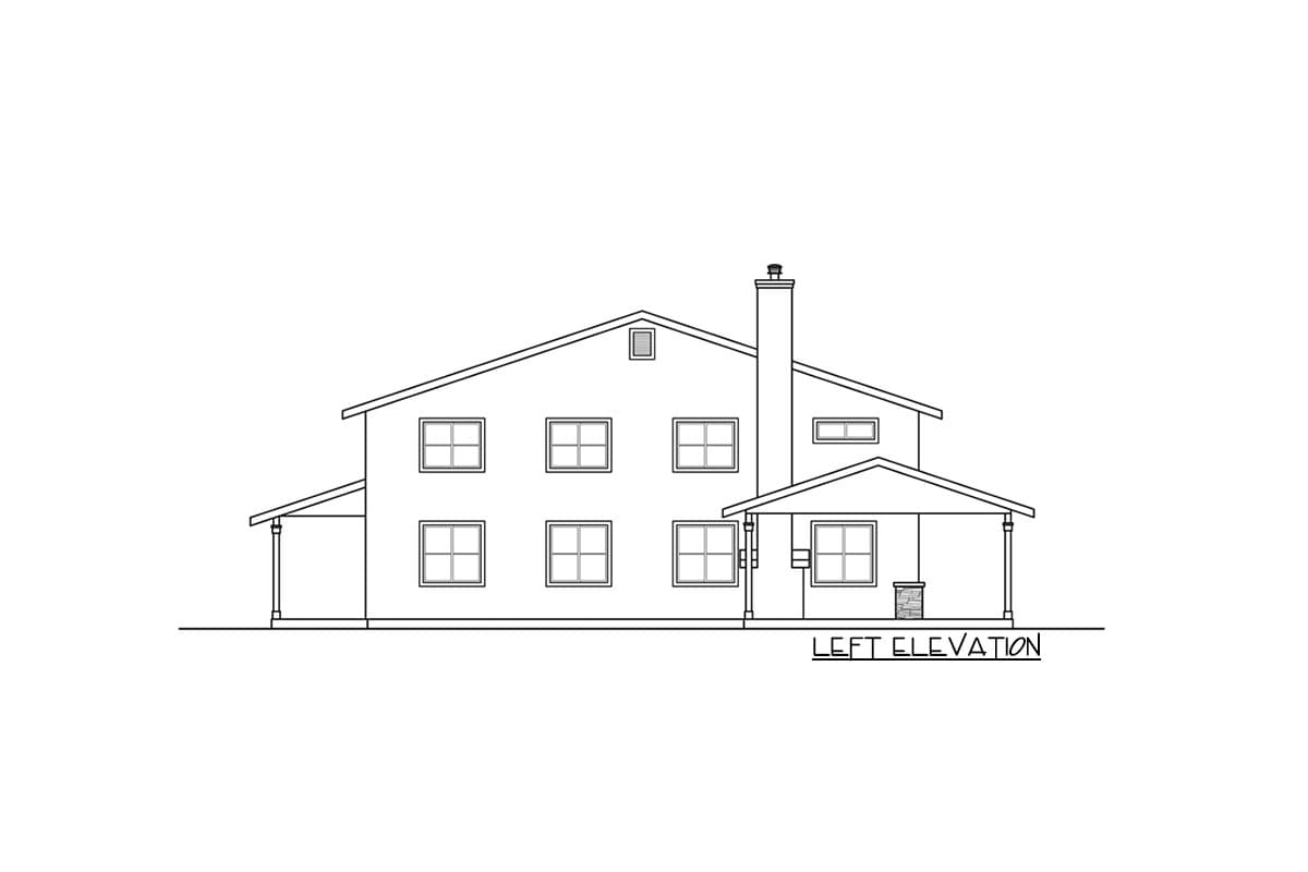 Left elevation house plan for a two-story home with a prominent chimney, gabled dormer, and covered porch.