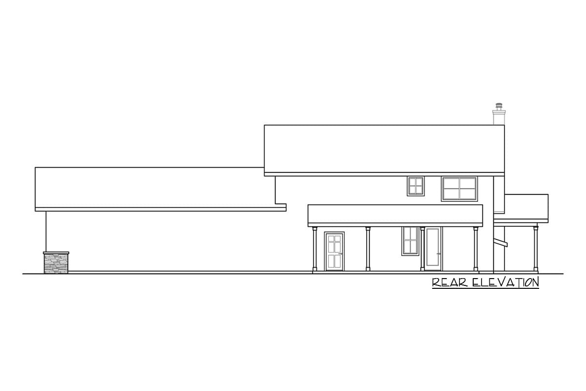Rear elevation drawing of a house plan featuring a covered porch with columns, multiple windows, and a chimney.