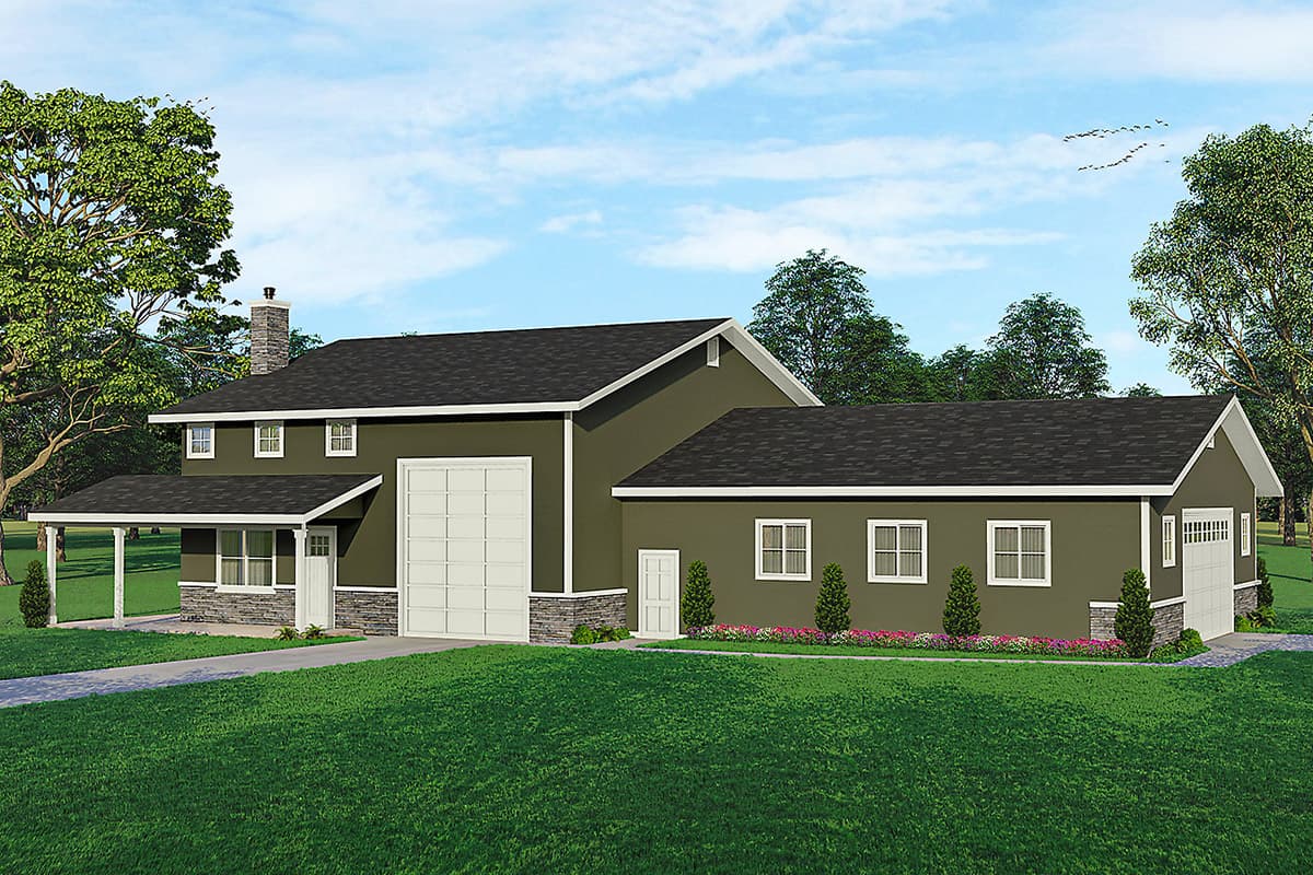 House plan exterior with two stories, a detached garage, covered porch, and a gabled roofline. Features a stone chimney and garage door.