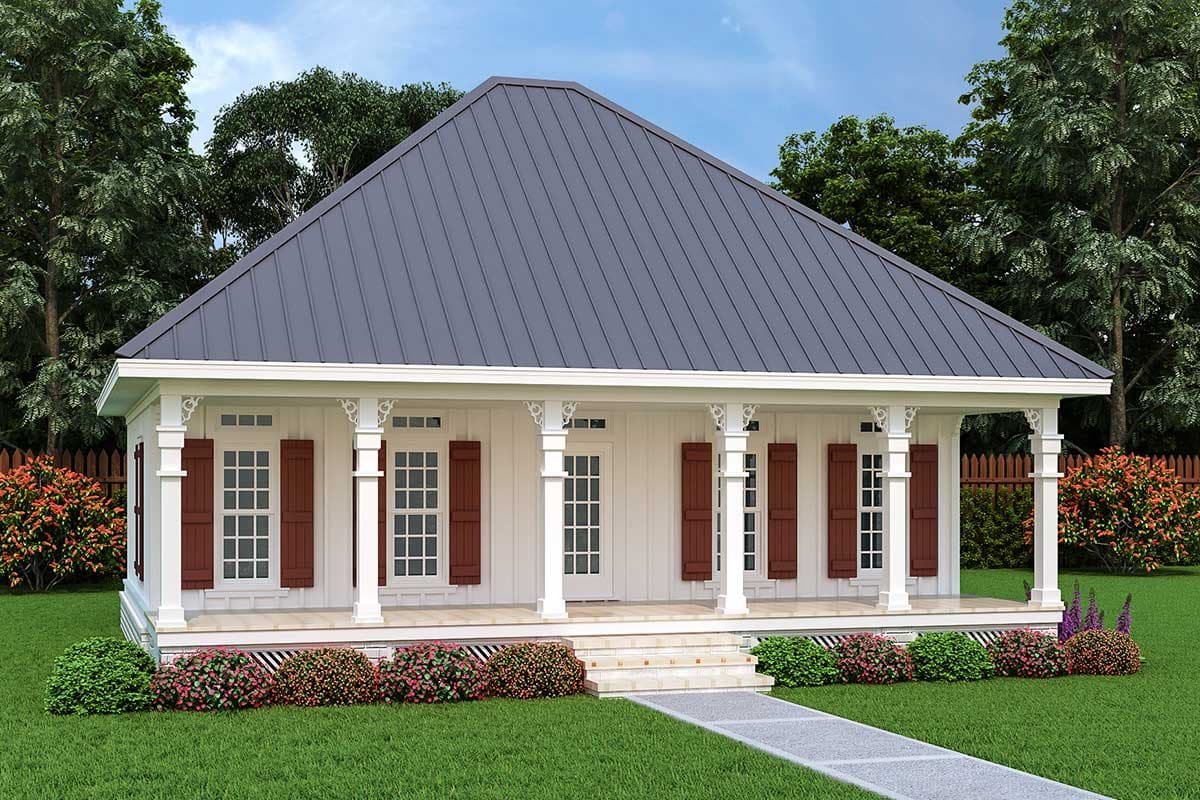 House plan exterior. One-story design with a metal roof, front porch, and decorative columns. Features include shutters and a gabled roofline.