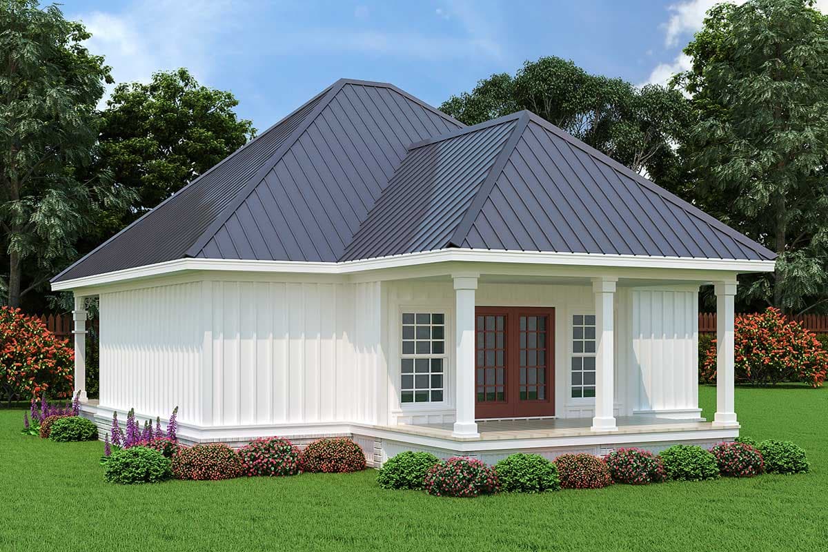 House plan exterior, one story, featuring a metal roof, board and batten siding, and a covered front porch with columns.