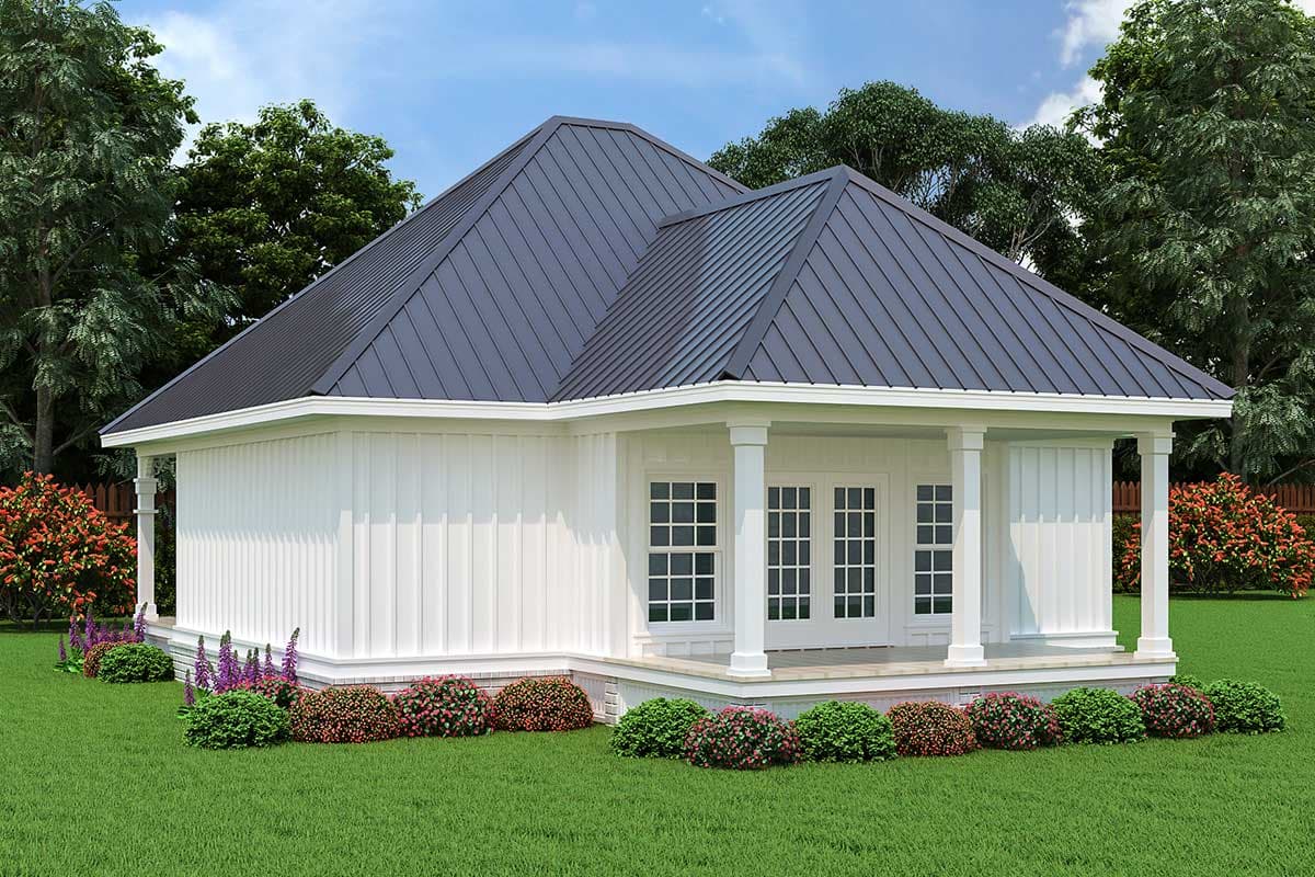 House plan exterior with board and batten siding, metal roof, covered porch with columns, and double door entry.