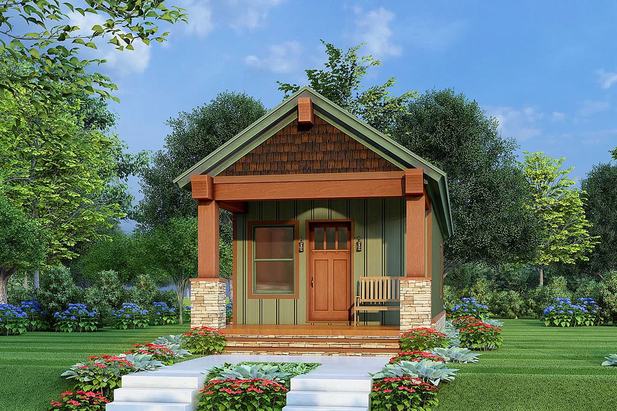 House plan exterior. Craftsman style with a single story, a covered porch with stone columns, a gable roof, and a wood-shingled gable end.