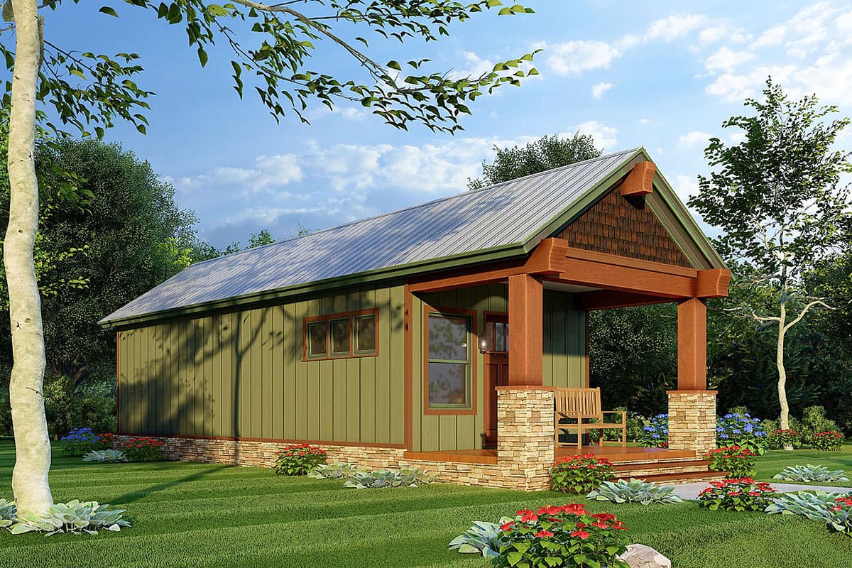 House plan exterior: One-story cottage with metal roof, wood siding, stone foundation, and covered front porch with wood columns.