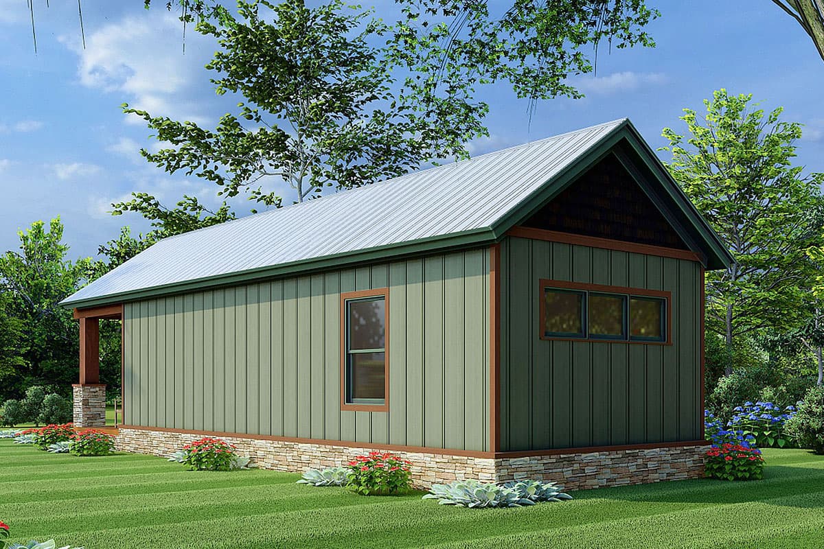 House plan exterior, likely a ranch style, featuring board-and-batten siding, metal roof, stone foundation, and a covered porch.