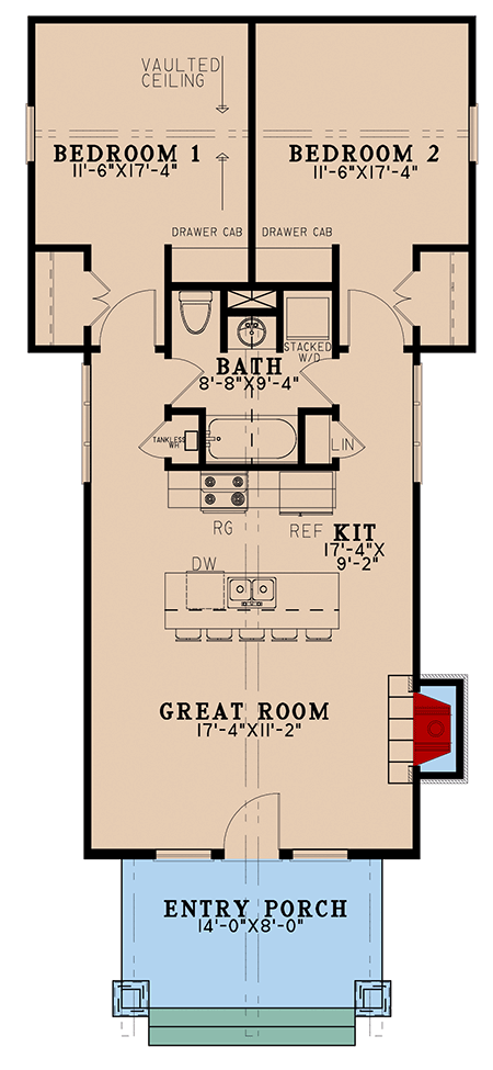 Plan 70821MK: Arts and Crafts House Plan with 2-Bedrooms and a Vaulted Interior - 921 Sq Ft - Floor Plan - Main Level - Cabin, Cottage, Country, Craftsman, Mountain, Rustic, Traditional, Vacation
