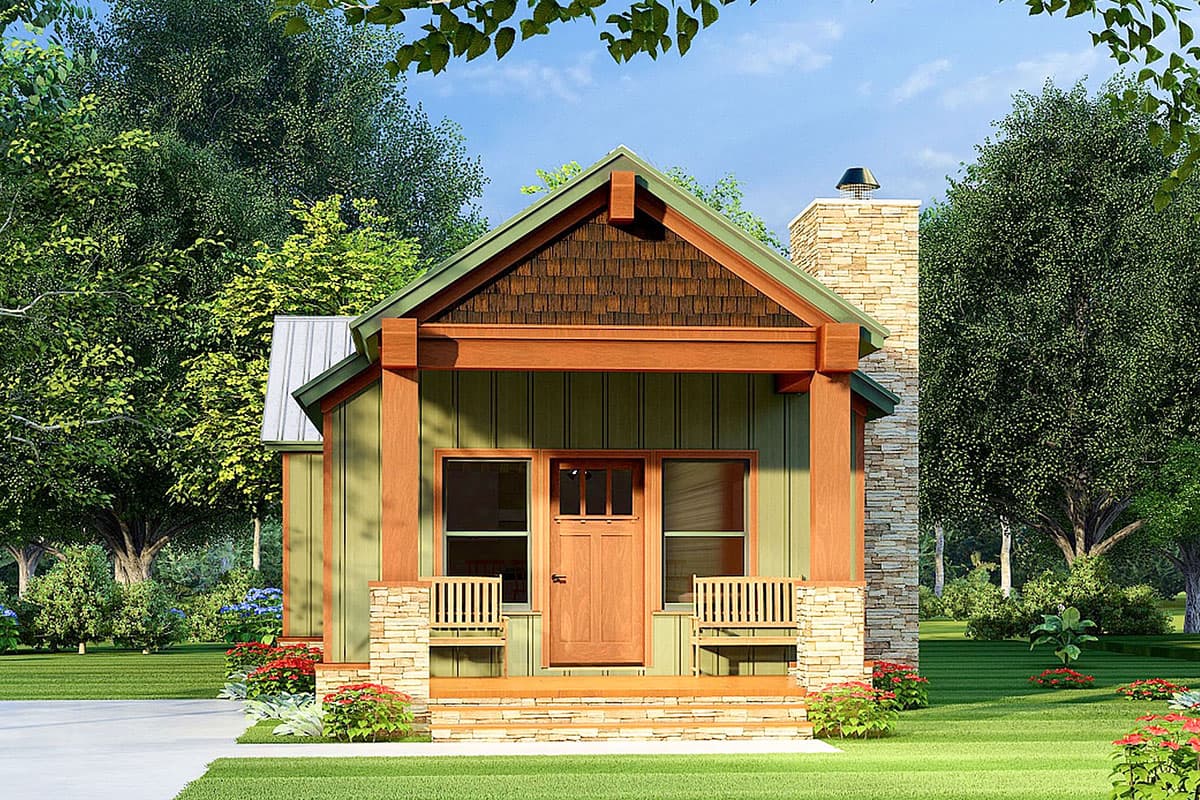 House plan exterior: Gable roof, stone chimney, covered front porch with wooden benches and timber posts.