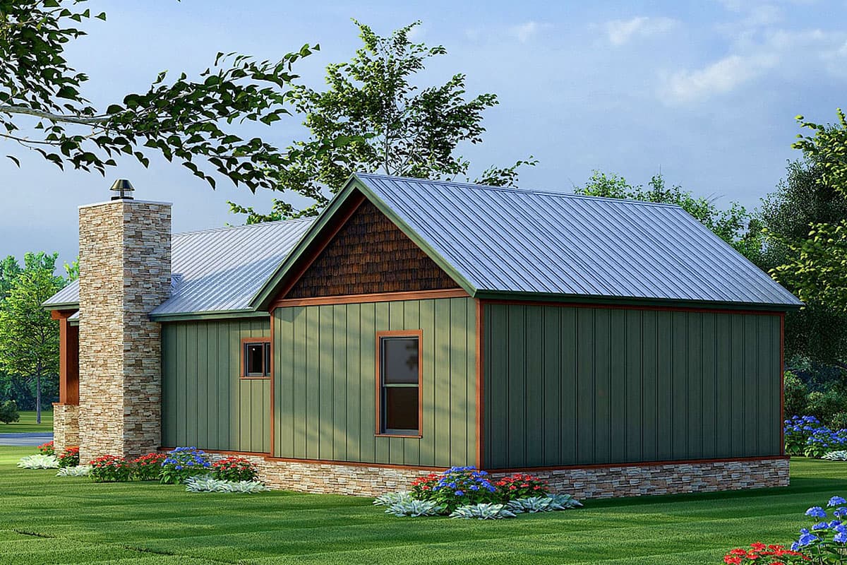 House plan exterior: One-story Modern Farmhouse with prominent stone chimney, metal roof, and vertical siding.