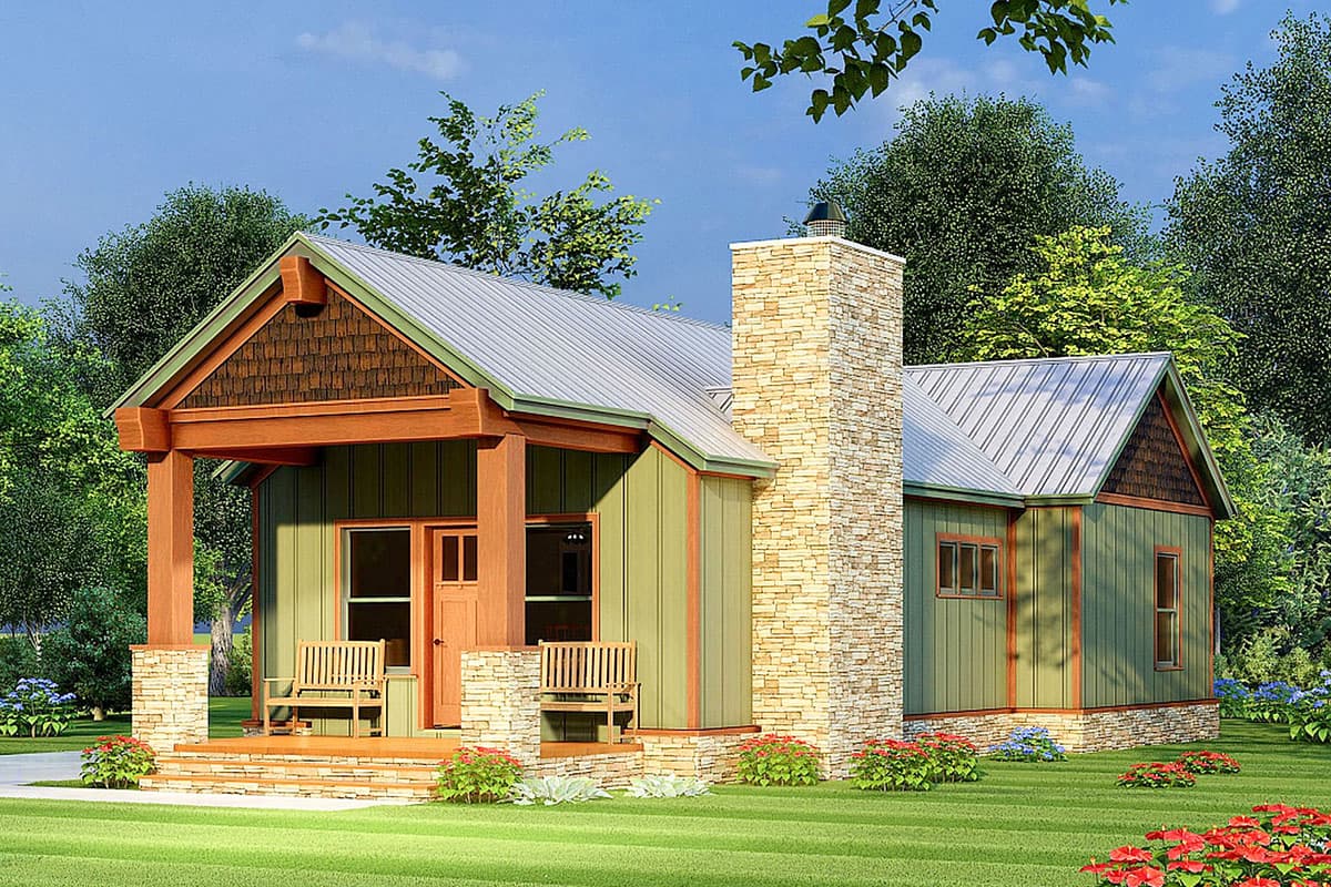 House plan exterior. One-story Craftsman with exposed rafters, gabled roof, and stone chimney. Features include a covered porch and wood siding.