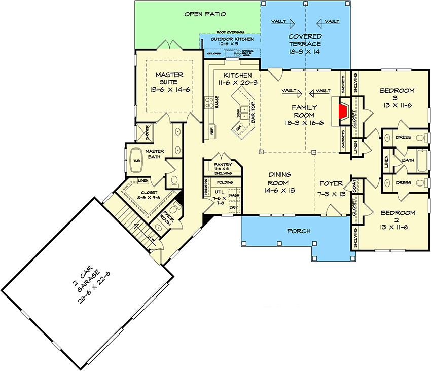 Plan 360083DK: Angled Craftsman House Plan with 3 Bedrooms and a Bonus Room Above the Garage - 2097 Sq Ft - Floor Plan - Main Level - Country, Craftsman, Northwest, Ranch, Traditional