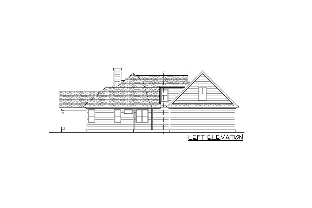 Left elevation drawing of a house plan featuring a covered porch, gables, and a chimney.