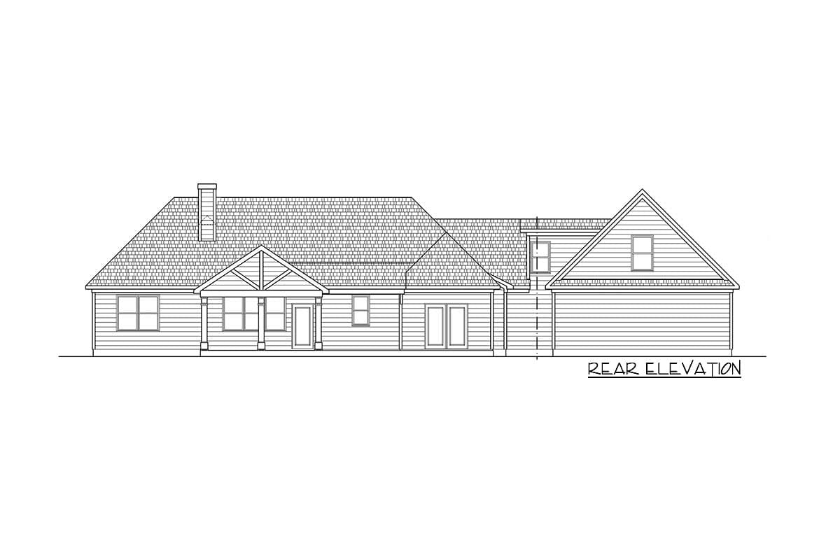 Rear elevation house plan with covered entry, gable dormer, and attached garage.