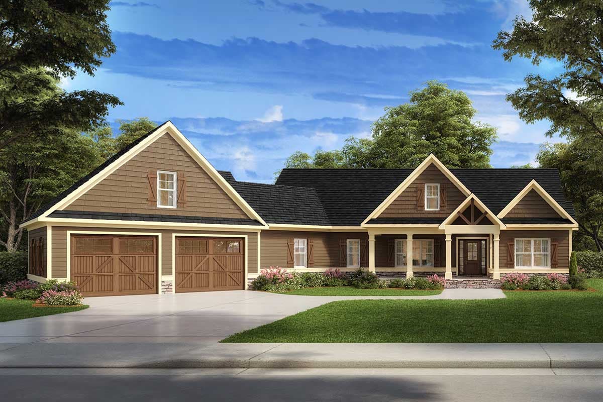 House plan exterior. Ranch style with two stories, gabled rooflines, a front porch with columns, and a two-car garage.