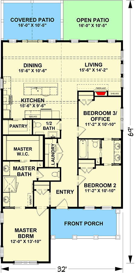 Plan 765031TWN: Narrow Country Cottage Plan with 3 Bedrooms - Floor Plan - Main Level - Bungalow, Cottage, Craftsman, Vacation