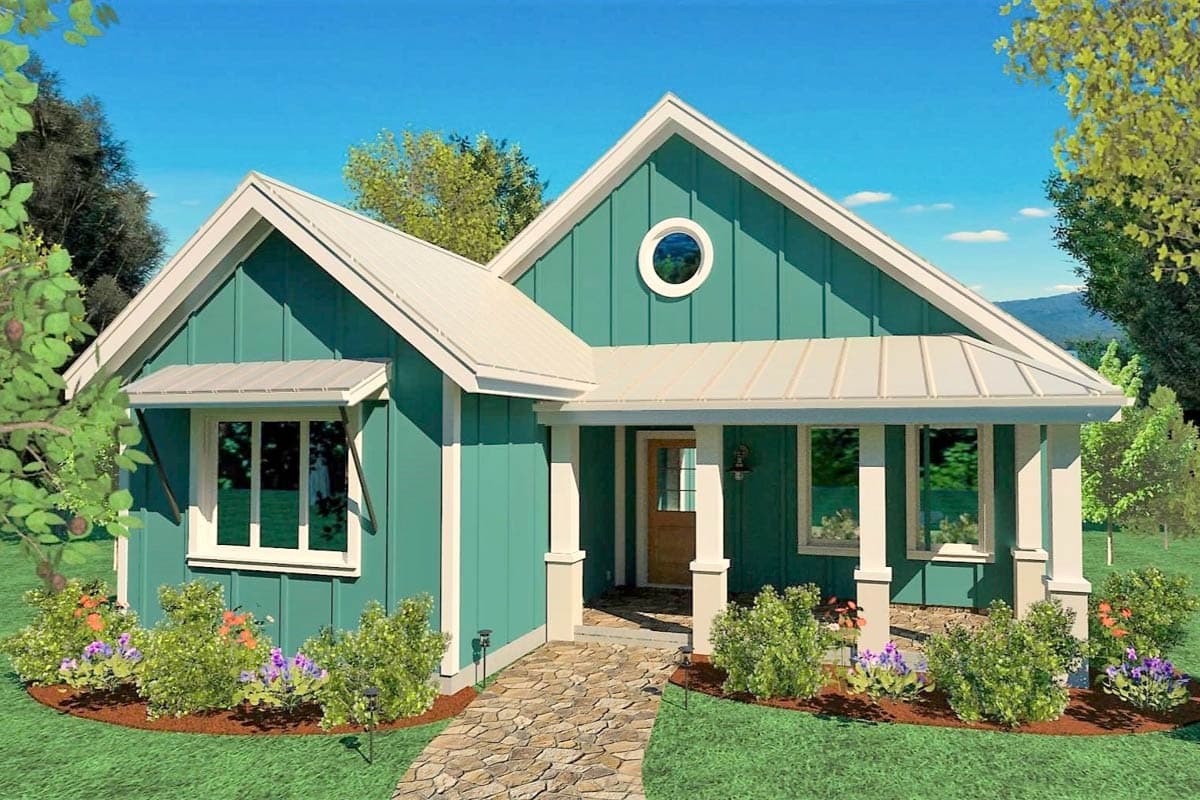 House plan exterior with board-and-batten siding, one story, gabled roof, and a front porch with pillars.