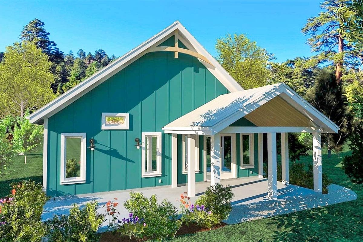 House plan exterior: Modern Farmhouse style, one story, with a prominent gable, metal roof, and covered porch with columns.