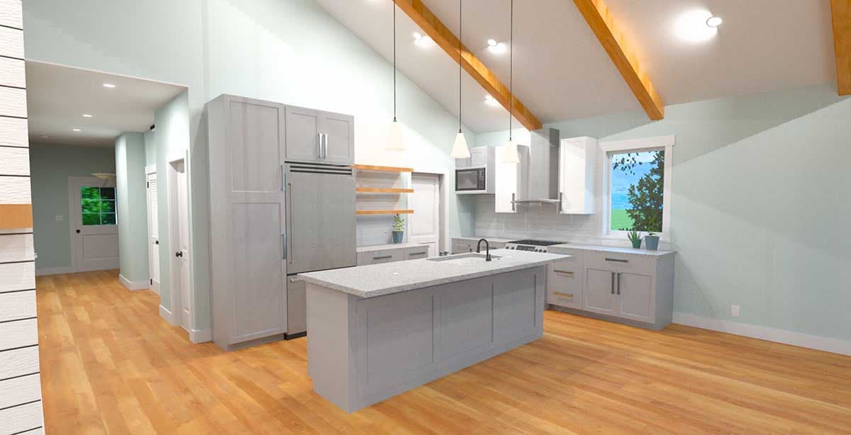 Interior rendering of a kitchen with vaulted ceilings, exposed beams, island, and stainless steel appliances.