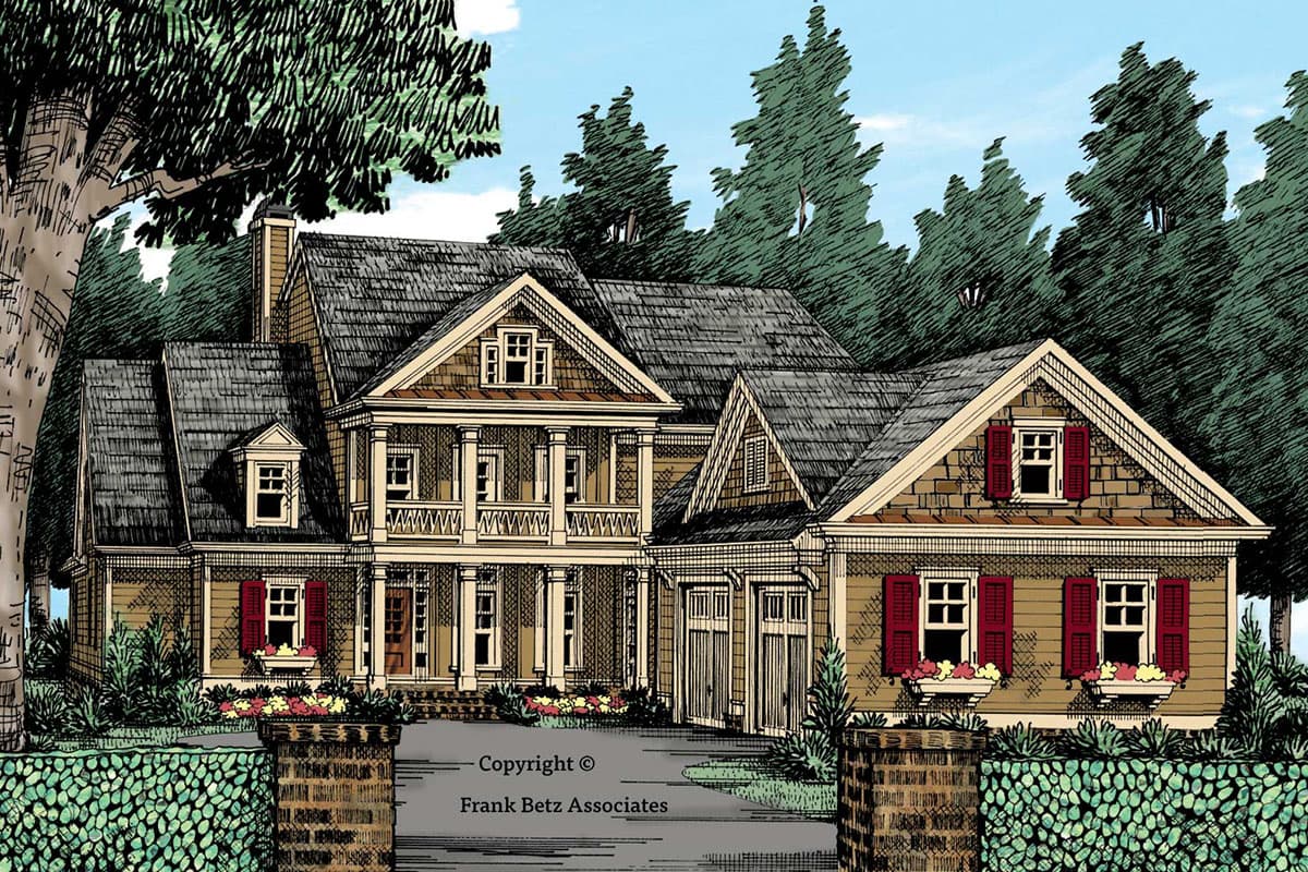 House plan exterior featuring a two-story design with a front porch, gables, and a garage. The roof features dormers.